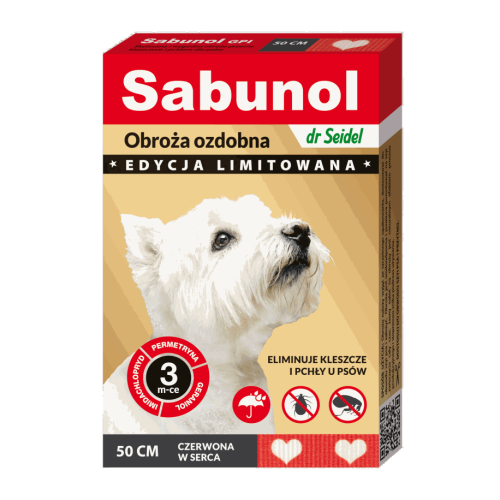SABUNOL GPI obroża ozdobna czerwona w serca przeciw kleszczom i pchłom dla psów 50cm